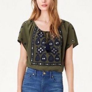 Tory Burch Olive Green Embroidered Peasant Blouse with Navy Accents